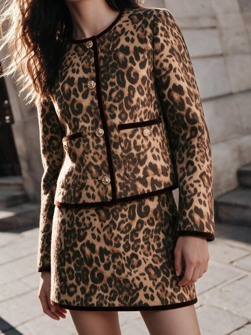 Brown Leopard Print Round Neck Long Sleeve Jacket And Straight Skirt Set